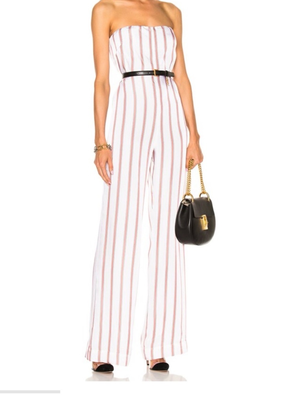 Veronica Beard Strapless White Jumpsuit with Red & Black Stripes